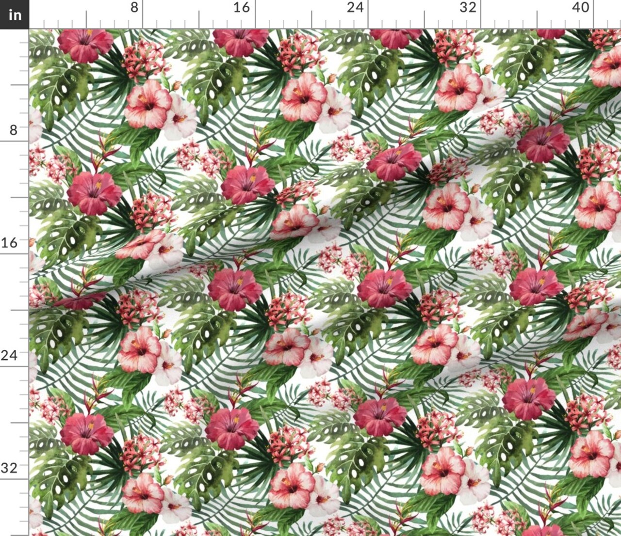 Hawaii Watercolor Hibiscus Flowers Floral Tropical Summer Palm Leaf Custom Printed Fabric by Spoonflower Various Fabrics by the Yard or Fat Quarter